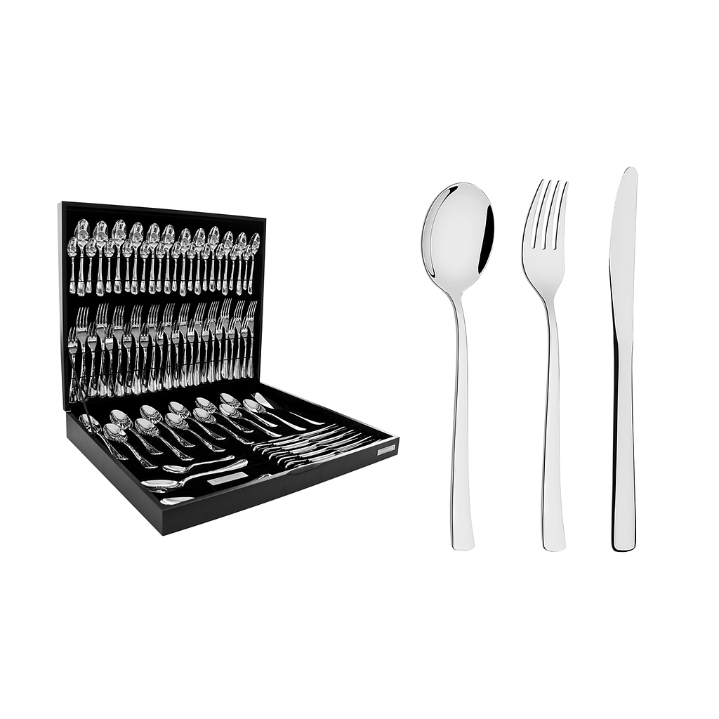 JUEGO DE CUBIERTOS EN ACERO INOXIDABLE CON CAJA DE MADERA DE LUJO 76 PIEZAS BERLIN BRILHO