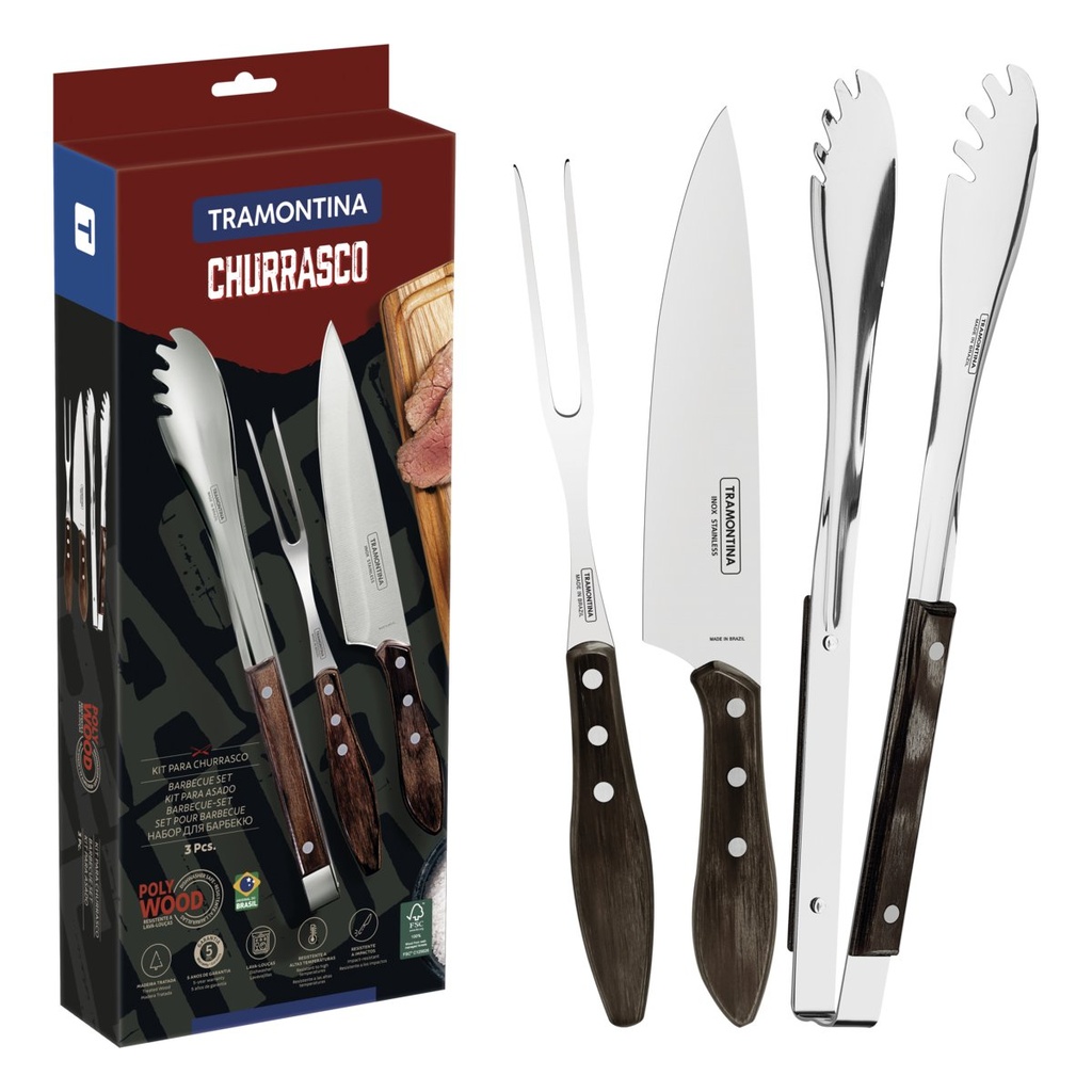 JUEGO DE UTENSILIOS PARA CHURRASCO 3 PIEZAS POLYWOOD