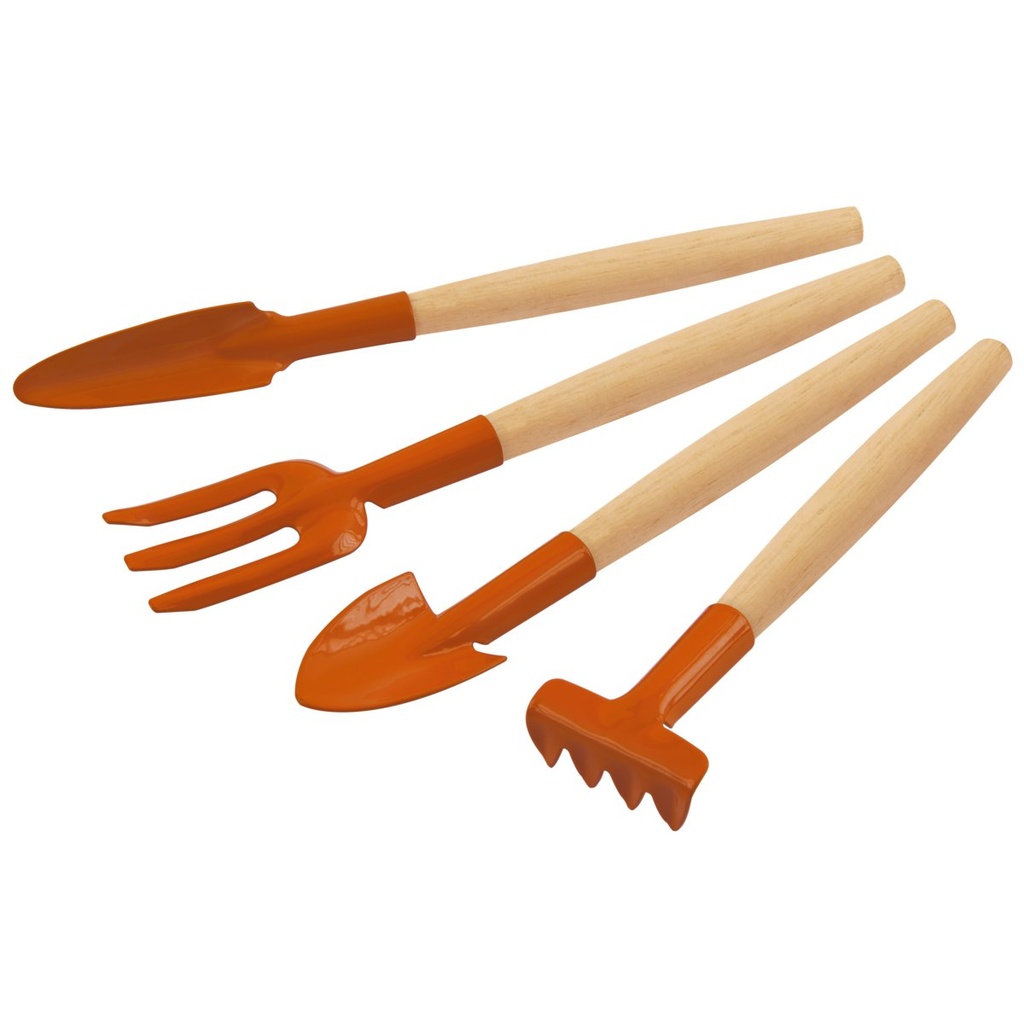 JUEGO METALICO PARA MACETAS - 4 PIEZAS, MANGOS DE MADERA