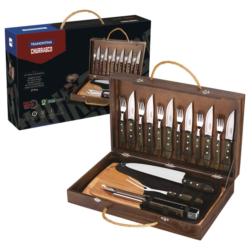 JUEGO PARA CHURRASCO CON MALETIN MADERA 17 PIEZAS POLYWOOD