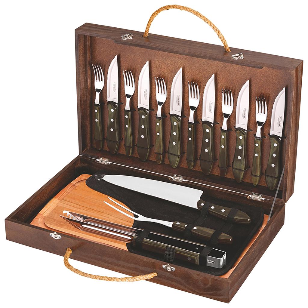 JUEGO PARA CHURRASCO CON MALETIN MADERA 17 PIEZAS POLYWOOD