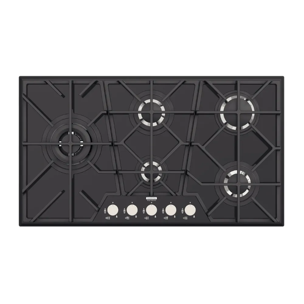 [94731144] COCINA ENCIMERA A GAS GLASS PENTA FULL BLACK 5GG, EN VIDRIO TEMPLADO, REJILLAS DE HIERRO FUNDIDO, DESIGN COLLECTION, 90X51 CM.