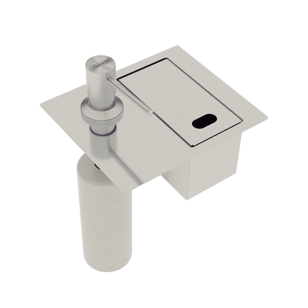 SOPORTE EN ACERO INOX PARA ESPONJA CON TAPA Y DISPENSADOR