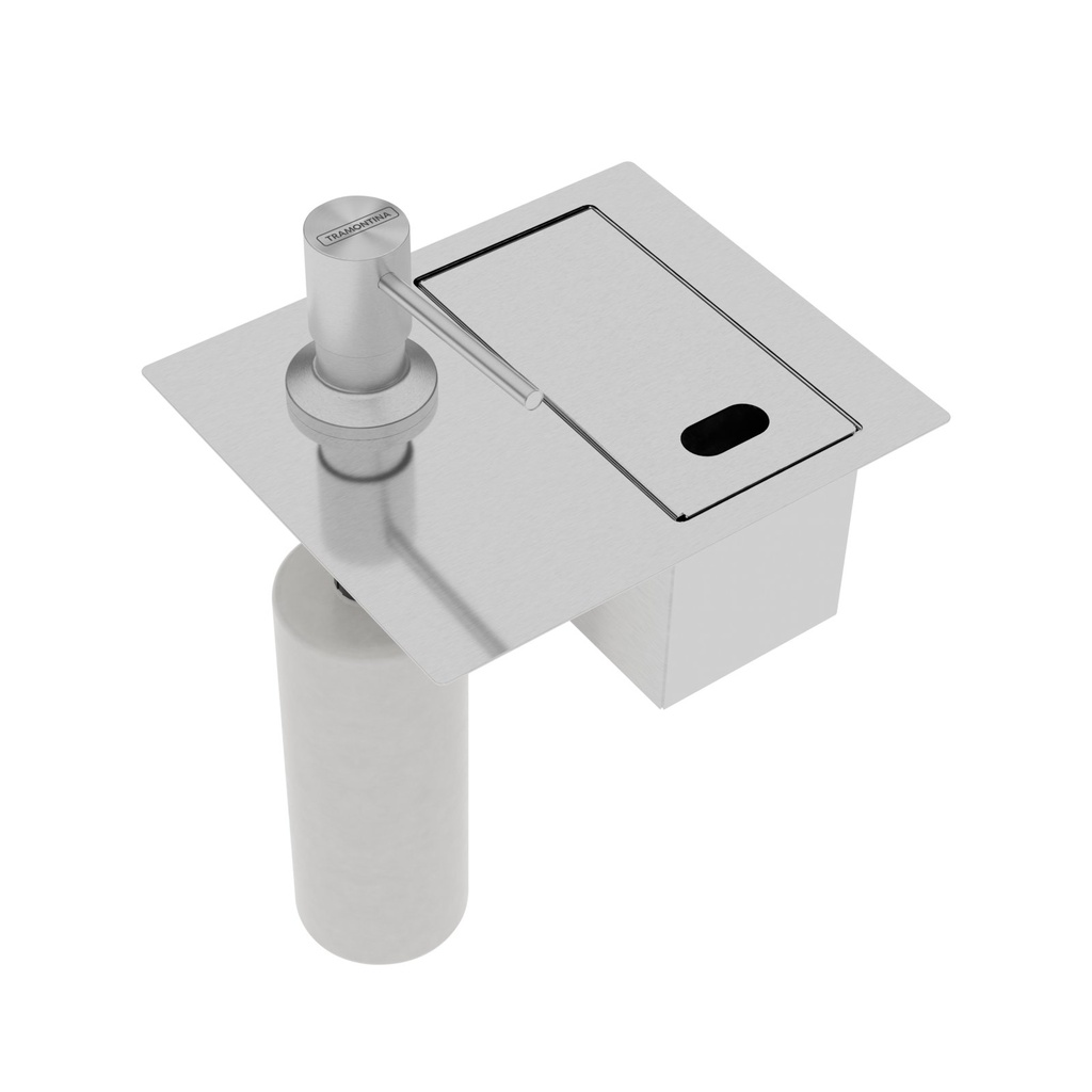 SOPORTE EN ACERO INOX PARA ESPONJA CON TAPA Y DISPENSADOR