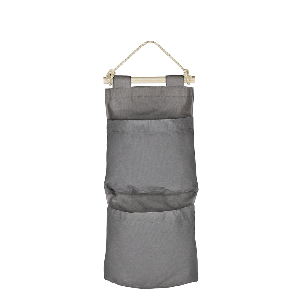 ORGANIZADOR DE PARED EN LONA GRIS CON DOS BOLSILLOS Y CUERDA PARA COLGAR