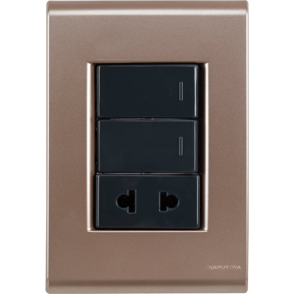 CONJUNTO ARMADO 2 INTERRUPTORES SIMPLE + TOMA 2P UNIVERSAL ORO VIEJO LIZ