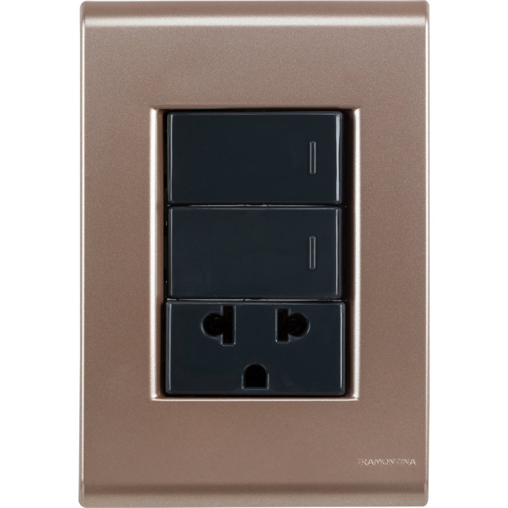 CONJUNTO ARMADO 2 INTERRUPTORES SIMPLE + TOMACORRIENTE 2P+T UNIVERSAL 10A-15A 250V ORO VIEJO LIZ