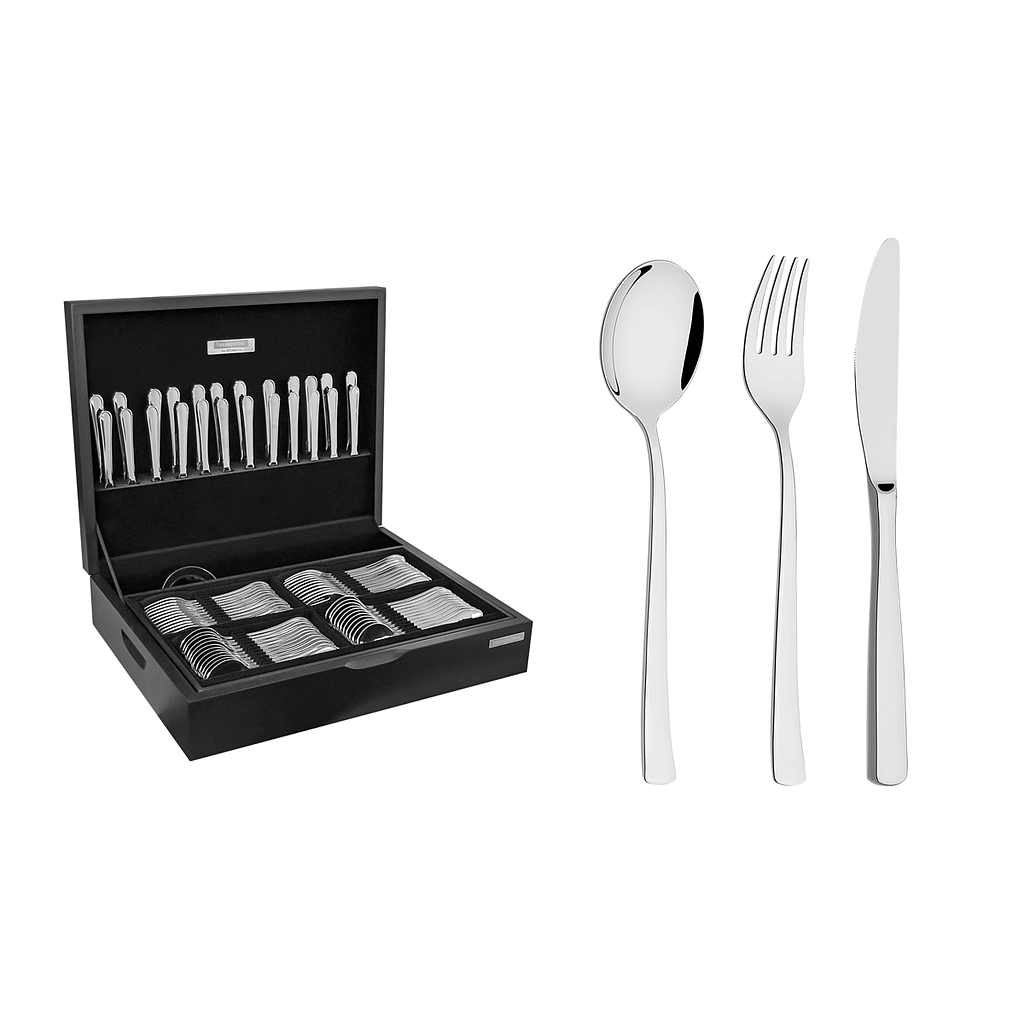 [66934214] JUEGO DE CUBIERTOS EN ACERO INOXIDABLE CON CAJA DE MADERA DE LUJO 101 PIEZAS BERLIN BRILHO